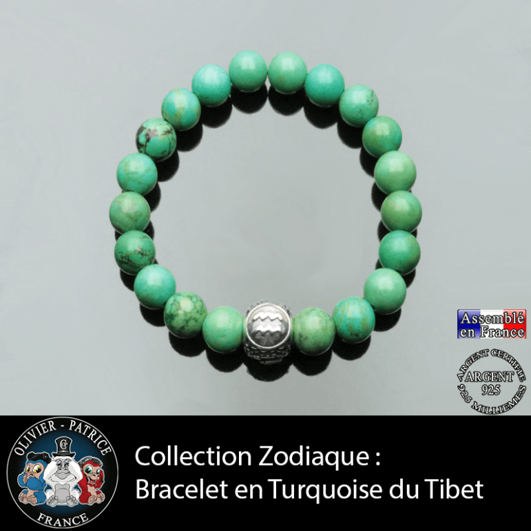 Bracelet naturel turquoise du Tibet et votre signe astrologique gravé sur une boule 3 faces d'argent 925
