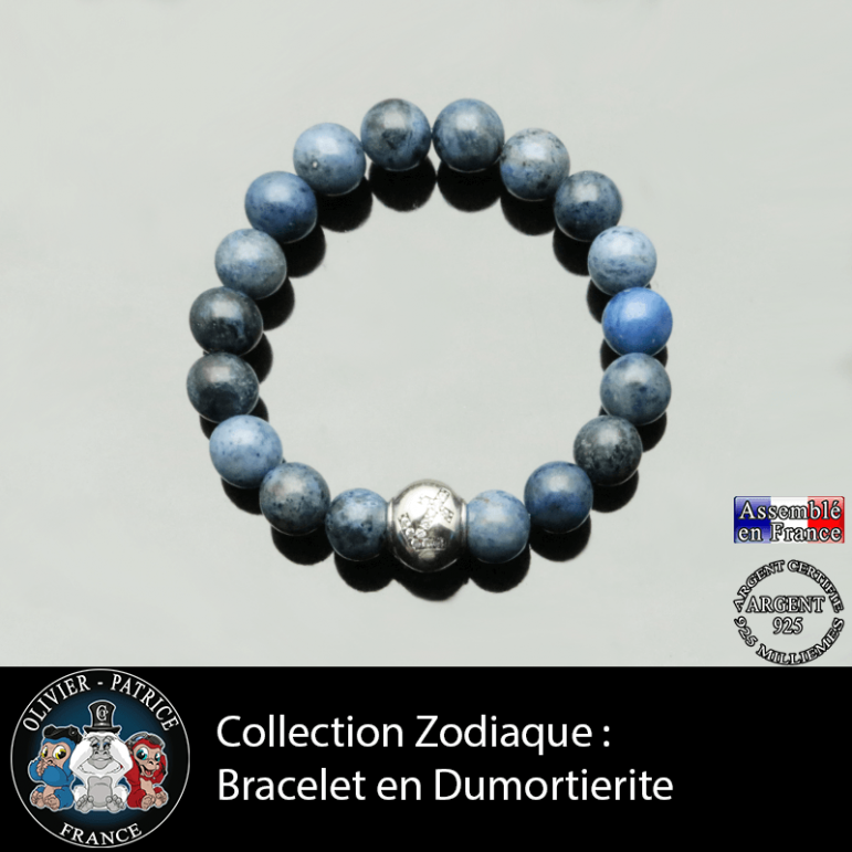 Bracelet dumortiérite et son signe astrologique en argent 925 boule zircon