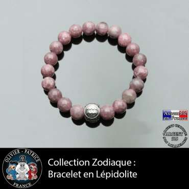 Bracelet pour hommeen  lépidolite et son signe astrologique boule 3 faces
