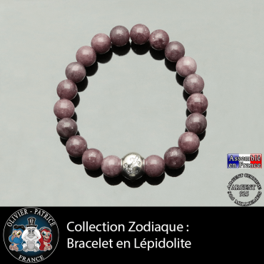 Bracelet lépidolite foncé et son signe astrologique boule gravé de son signe en zircon