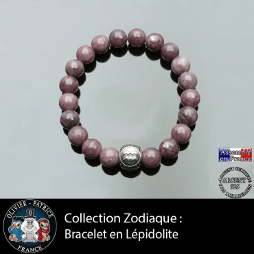 Bracelet lépidolite foncé et son signe astrologique boule gravé 3 faces