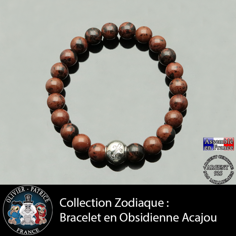 Bracelet en obsidienne acajou et son signe astrologique boule zircon
