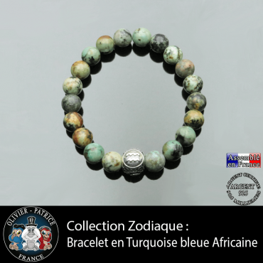 Bracelet de turquoise bleue africaine naturelle avec sa boule 3 faces gravées de votre signe astrologique