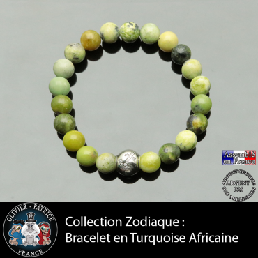 Bracelet turquoise africaine et son signe astrologique en argent 925 boule zircon