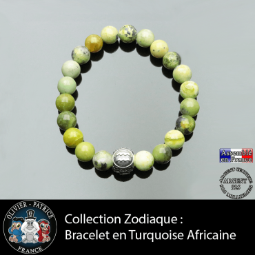 Bracelet en pierre de turquoise africaine et son signe astrologique boule en argent 925 gravée