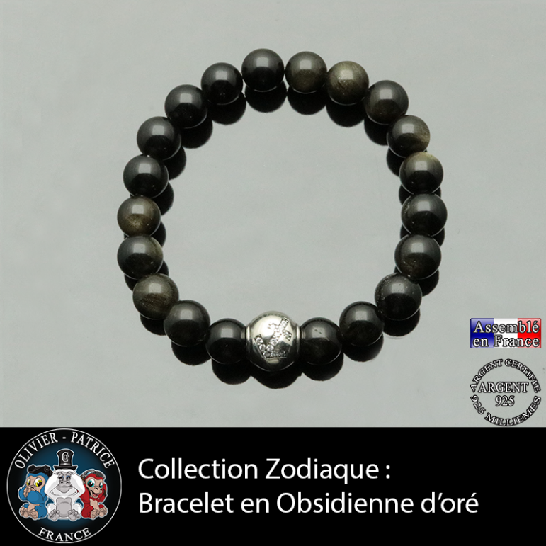 Bracelet obsidienne dorée et son signe astrologique boule zircon