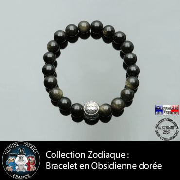 Bracelet pour homme en obsidienne dorée et son signe astrologique boule 3 faces