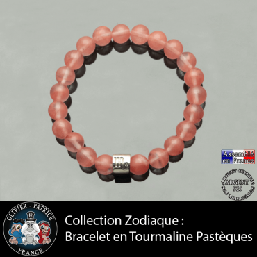 Bracelet en pierre de tourmaline rose pastèque naturelle monté avec votre signe astrologique tube en argent véritable