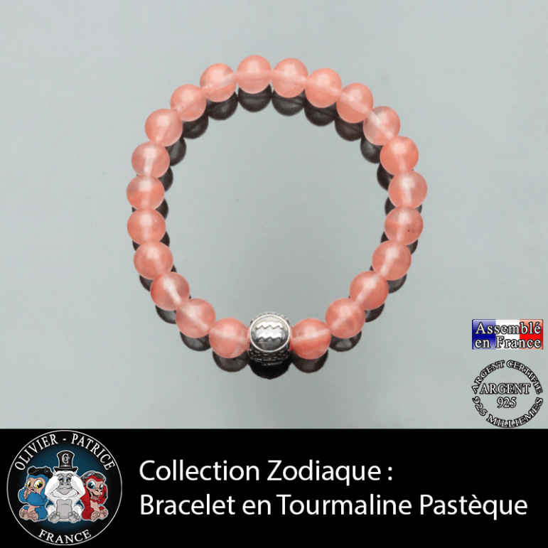 Bracelet en tourmaline rose pastèque naturelle avec une boule 3 faces gravée de son signe astrologique