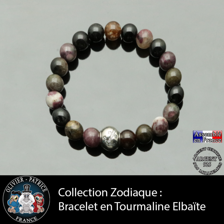 Bracelet tourmaline multicolore elbaïte et son signe astrologique en argent 925