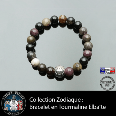 Bracelet en pierre de tourmaline elbaïte naturelle avec boule gravée 3 faces de votre signe astrologique