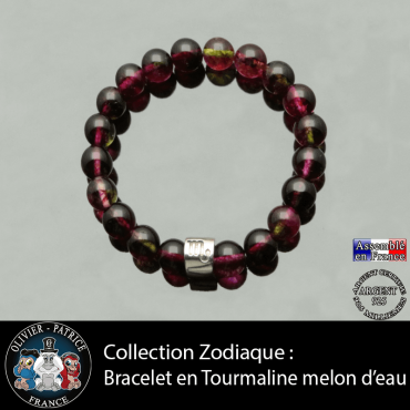 Bracelet de tourmaline melon d'eau naturelle et son tube en argent 925 avec votre signe astrologique