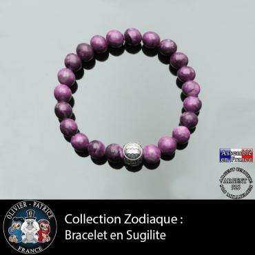 Bracelet de pierre naturelle sugilite avec son signe astrologique rond gravé et en argent 925