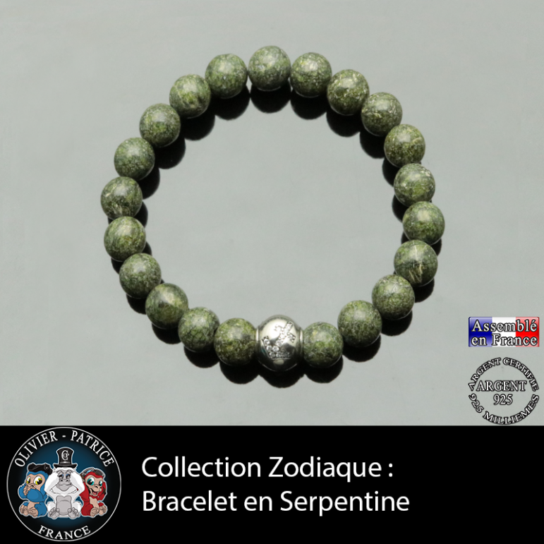 Bracelet serpentine naturelle et son signe astrologique boule zircon