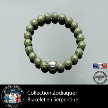 Bracelet de serpentine pierre naturelle et son signe astrologique gravé sur une boule 3 faces en argent