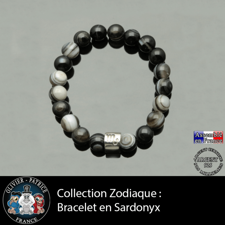 Bracelet en sardonyx naturel et son signe astrologique gravé sur un tube en argent 925