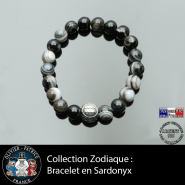 Bracelet sardonyx pierre naturelle et son signe astrologique gravé sur une boule en argent véritable à 3 faces