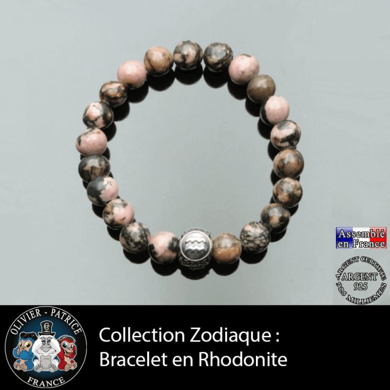 Bracelet en pierre de rhodonite naturelle et son signe astrologique gravé sur une boule 3 face en argent 925