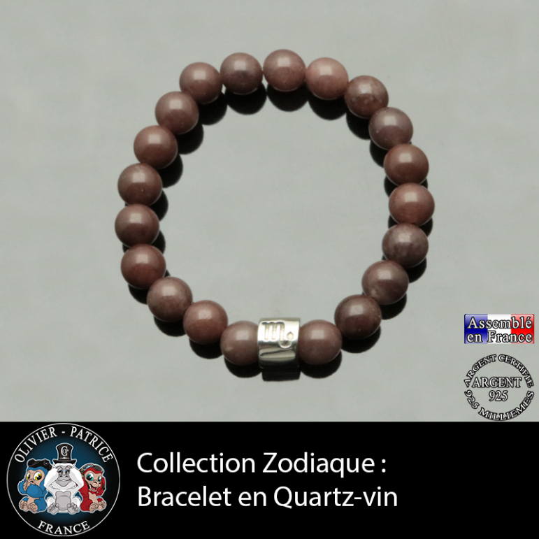 Bracelet en pierre de quartz vin et son signe astrologique sur tube en argent véritable