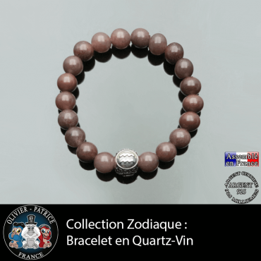 Bracelet de quartz vin avec sa boule en argent 925 à 3 face et son signe astrologique gravé