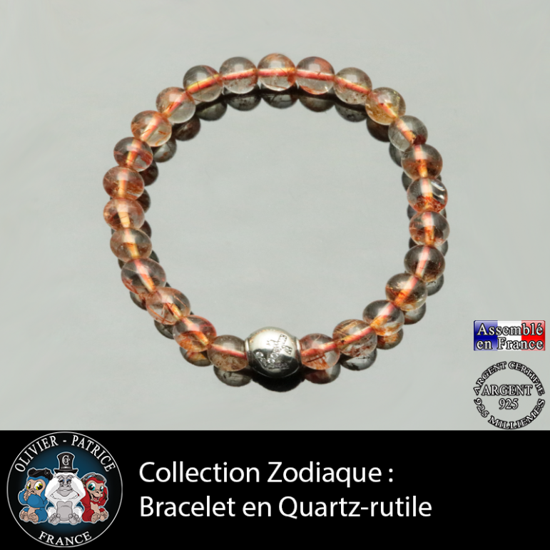 Bracelet en quartz rutile doré naturel avec votre signe astrologique sur boule en argent 925 et zircon