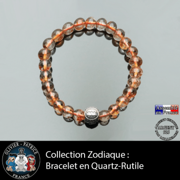 Bracelet en quartz rutile doré en pierre naturelle avec signe signe astrologique gravé sur boule en argent 925 3 faces
