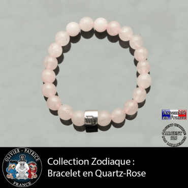 Bracelet en pierre de quartz rose naturel et son signe astrologique sur un tube d'argent