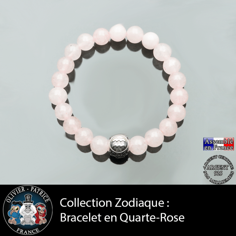 Bracelet en quartz rose naturel avec et son signe astrologique gravé sur une boule argent 925 à 3 faces