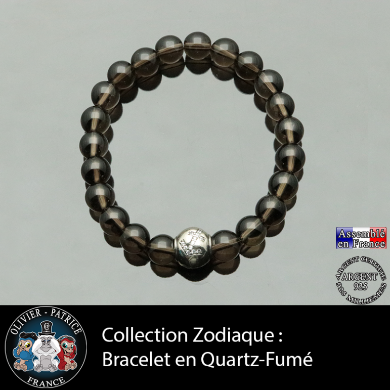 Bracelet quartz fumé et son signe astrologique en argent 925 boule zircon