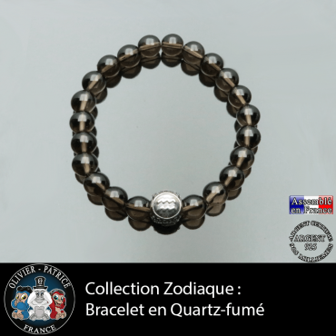 Bracelet quartz fumé pierres naturelles montées avec signe astrologique boule gravée sur 3 faces