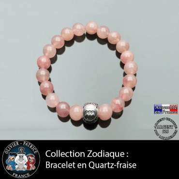 Bracelet naturel de lépidocrocite aussi nommé quartz fraise avec boule gravée signe astro argent 925
