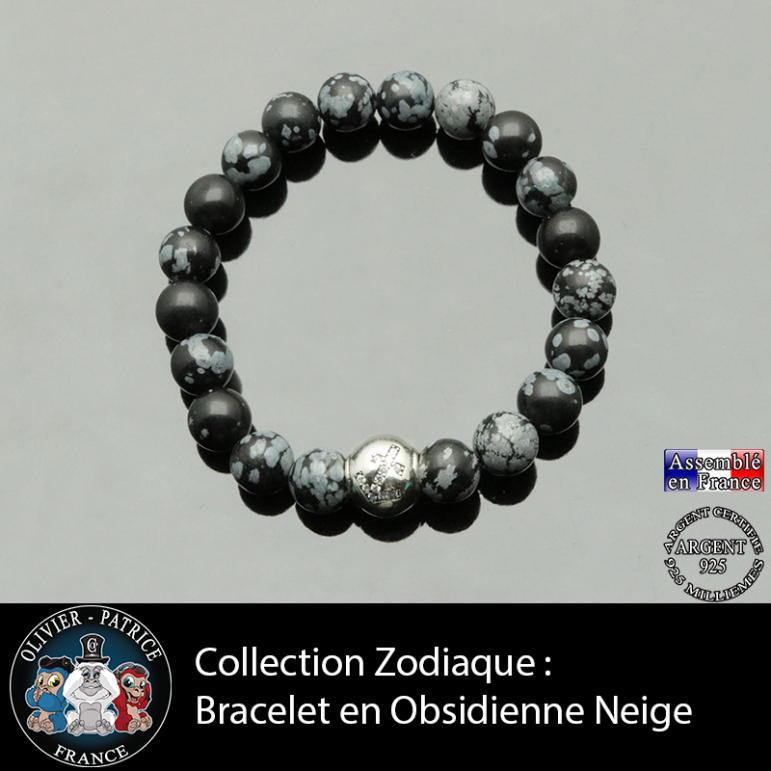 Bracelet obsidienne neige et son signe astrologique boule zircon