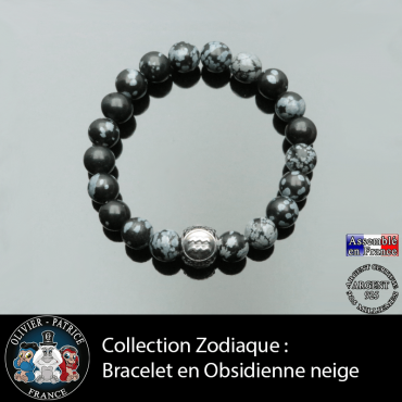 Bracelet pour homme obsidienne neige et son signe astrologique boule 3 faces