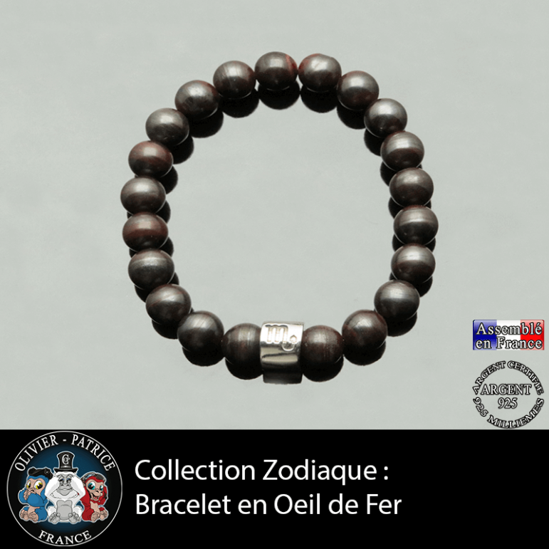 Bracelet pour homme avec sa boule 3 faces  gravé de son signe et en pierre d'oeil de fer
