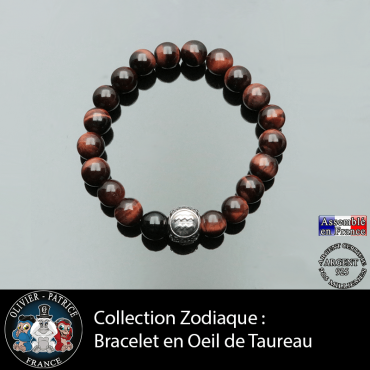 Bracelet pour homme en oeil de taureau et son signe astro sur sa boule 3 faces