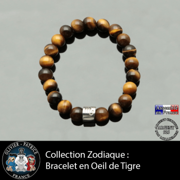 Bracelet avec son tube gravé de son signe astrol et sa pierre en  oeil de tigre