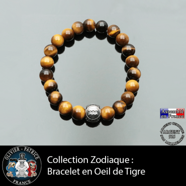 Bracelet en oeil de tigre pour homme et son signe astrologique boule 3 faces