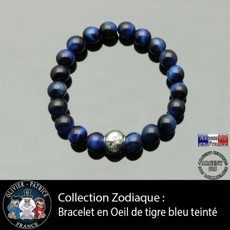 Bracelet oeil de tigre teinte bleue et son signe astrologique boule zircon