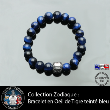 Bracelet en oeil de tigre teinte bleue pour homme et son signe astrologique boule 3 faces