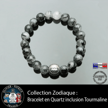 Bracelet en quartz à inclusions de tourmaline naturel avec votre boule 3 faces en argent gravé du signe astrologique