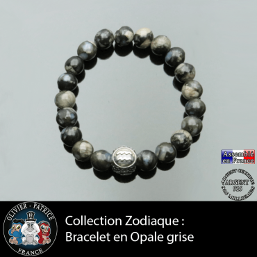 Bracelet astrologiqueson signe astrologique boule3 faces opale grise