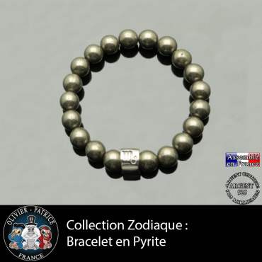 Bracelet de pyrite naturelle avec votre signe astrologique gravé sur un tube d'argent véritable