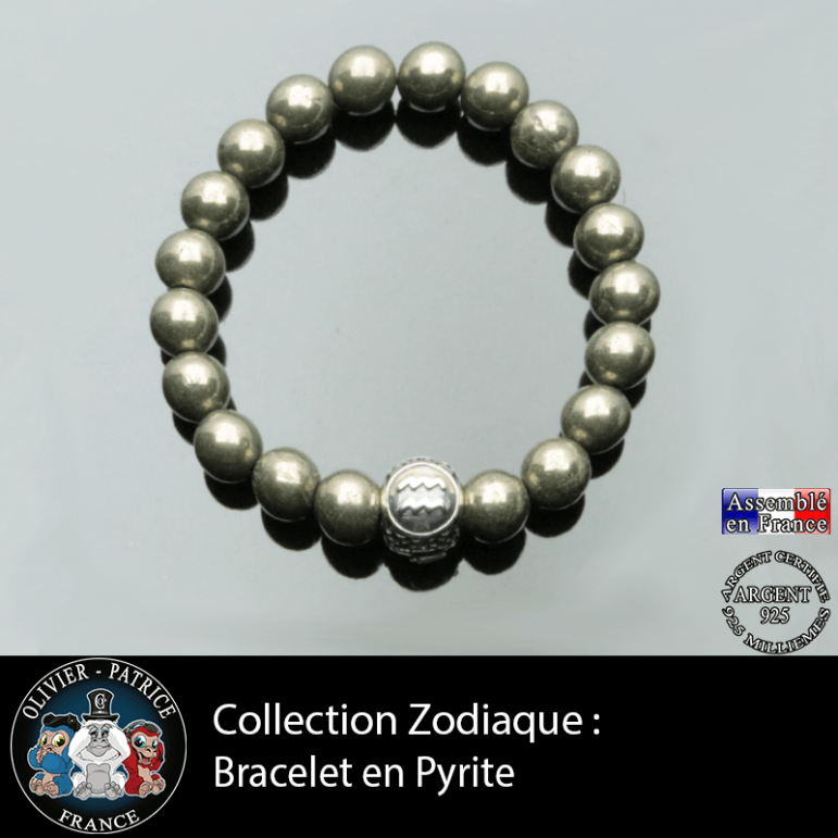 Bracelet en pierre naturelle pyrite et avec sa boule 3 faces en argent gravée de votre signe astrologique