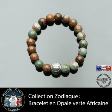 Bracelet pour homme ou femme opale verte africaine et son signe astrologique boule zircon
