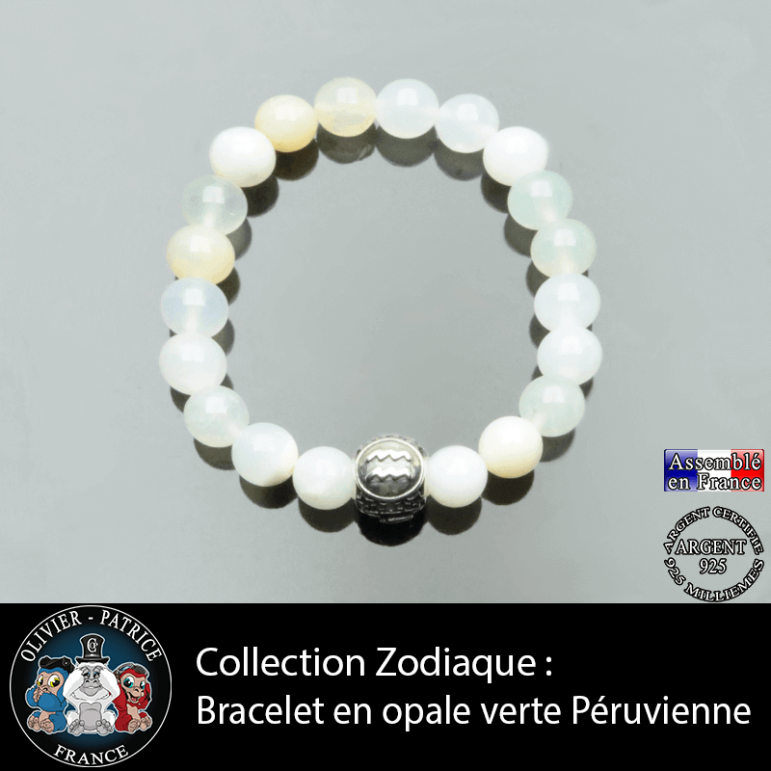 Bracelet opale verte péruvienne et son signe astrologique boule 3 faces