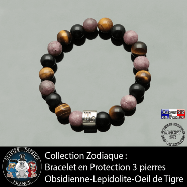 Bracelet 3 pierres de protection naturelles lepidolite, oeil de tigre et obsidienne avec et signe astrologique tube argent
