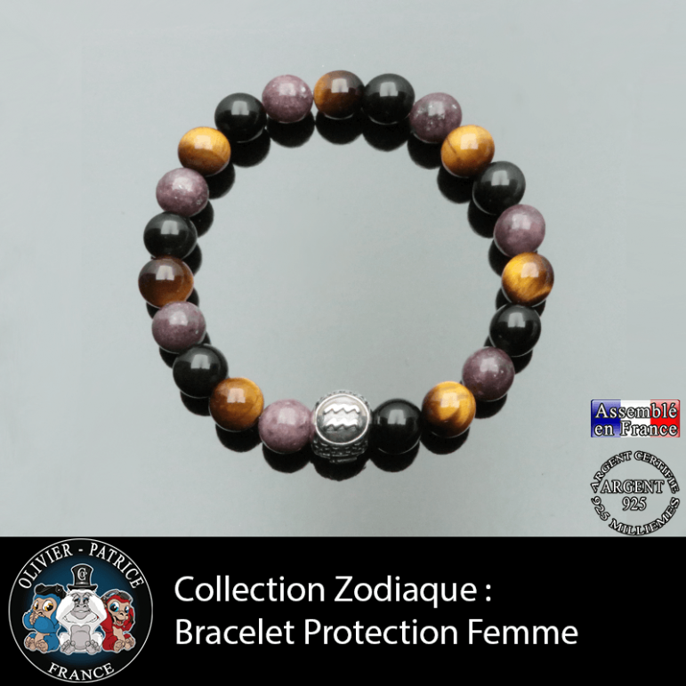 Bracelet protection en oeil de tigre, lepidolite, obsidienne et votre signe astrologique gravé sur boule argent 3 faces