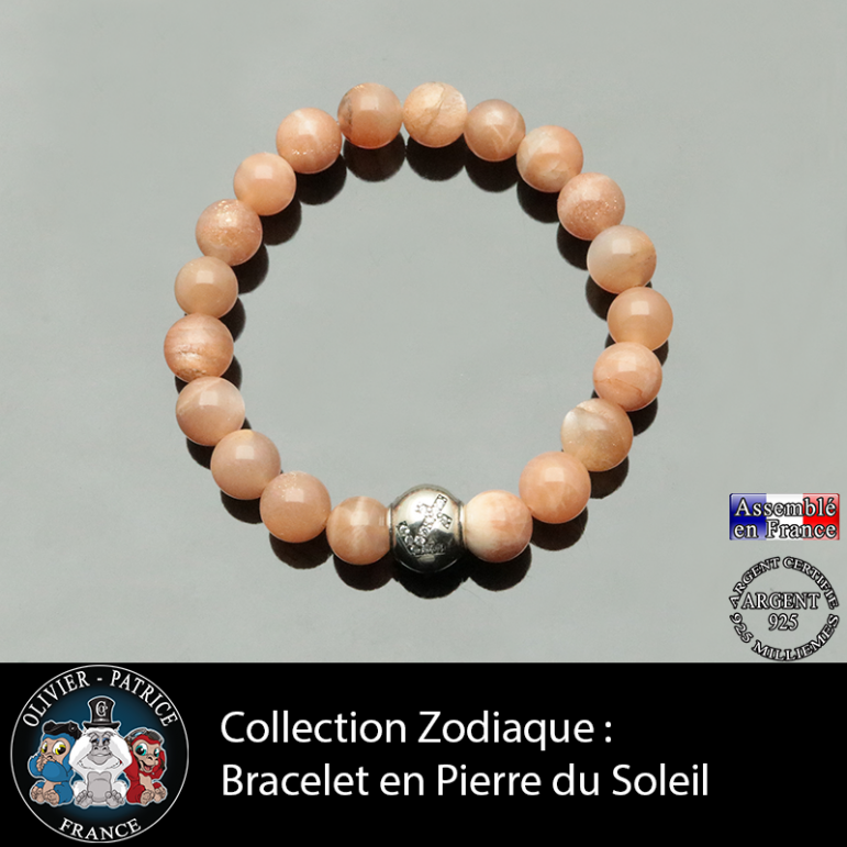 Bracelet en pierre de soleil et son signe astrologique en argent 925 boule zircon