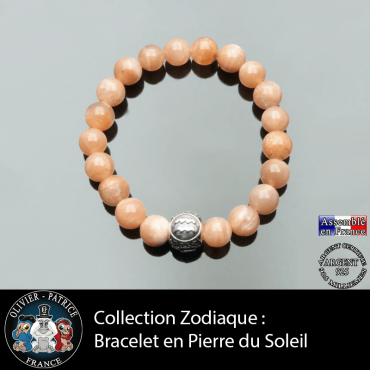 Bracelet de pierre naturelle du soleil avec son signe astrologique gravé sur boule en argent véritable à 3 faces