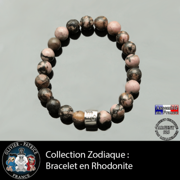 Bracelet rhodonite et son signe astrologique son tube en argent 925